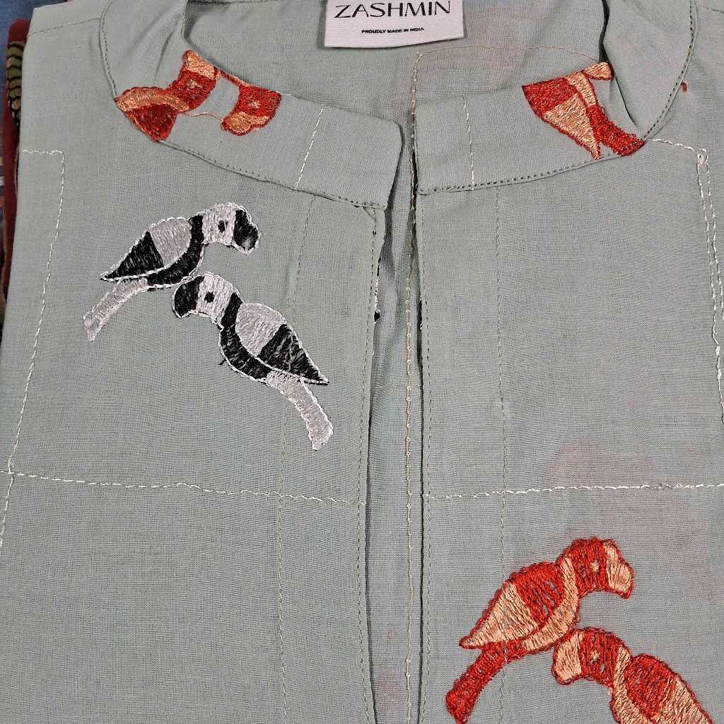 Bird Embroidery Long Sleeve Cotton Casual Kurta - Zashmin